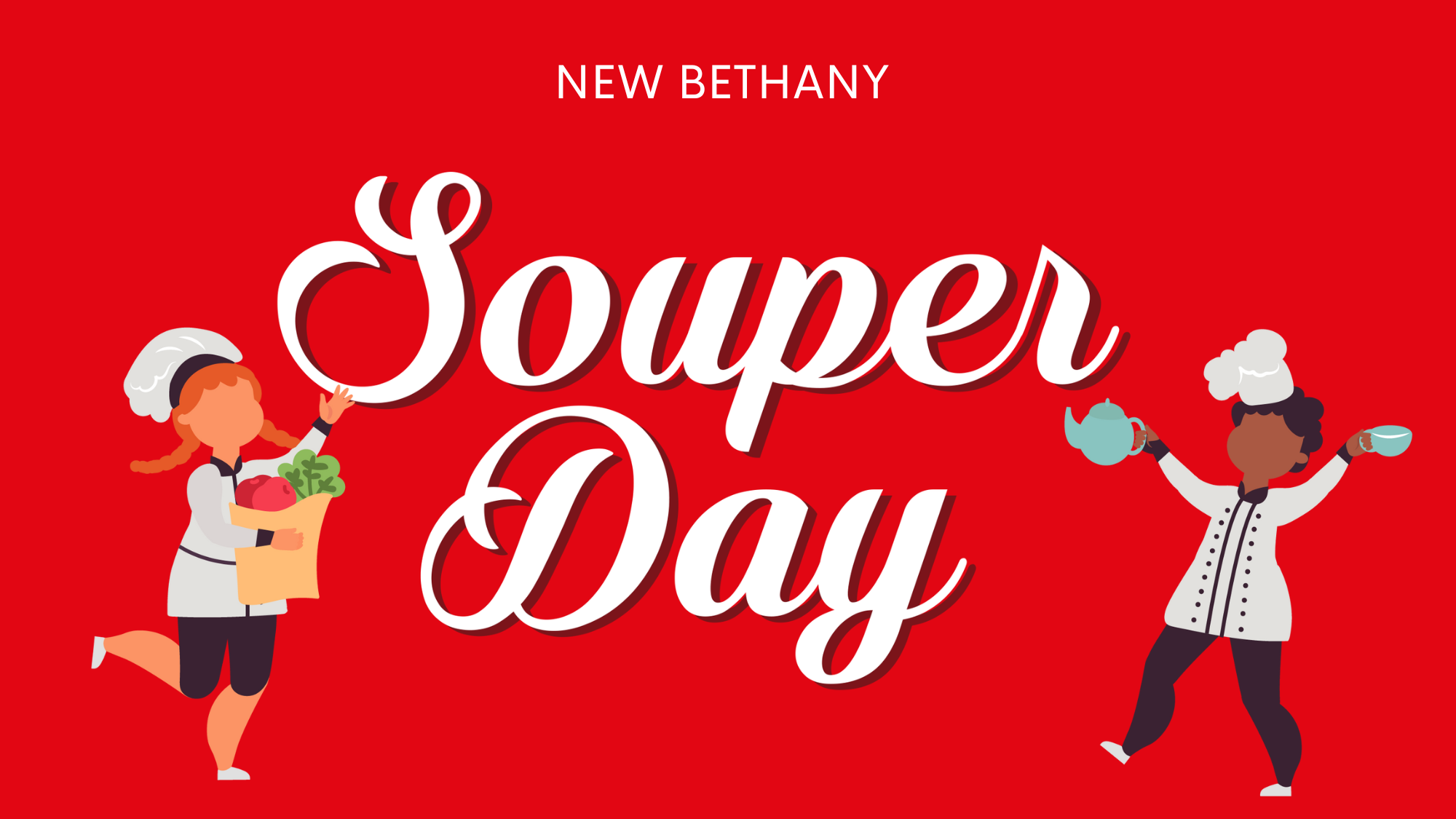 white text that says super day and two chef character graphics on a red background