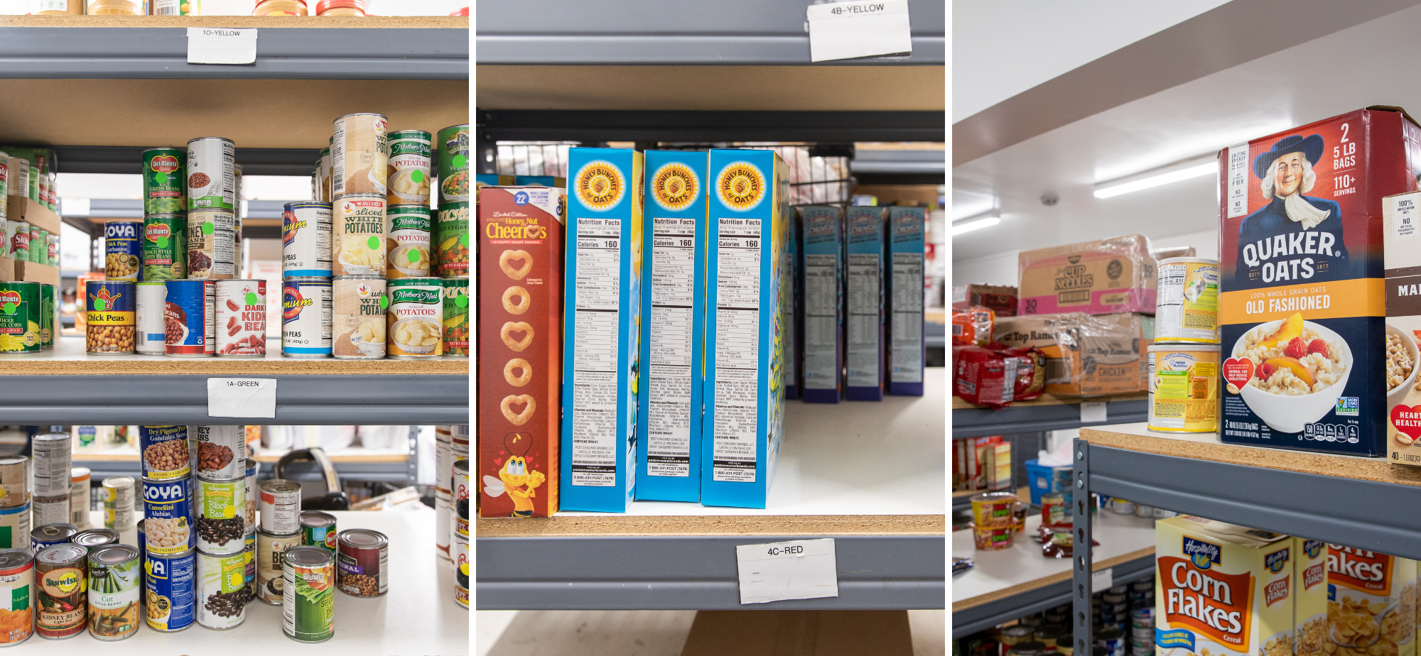 packaged foods sitting on metal food pantry shelves at choice food pantry